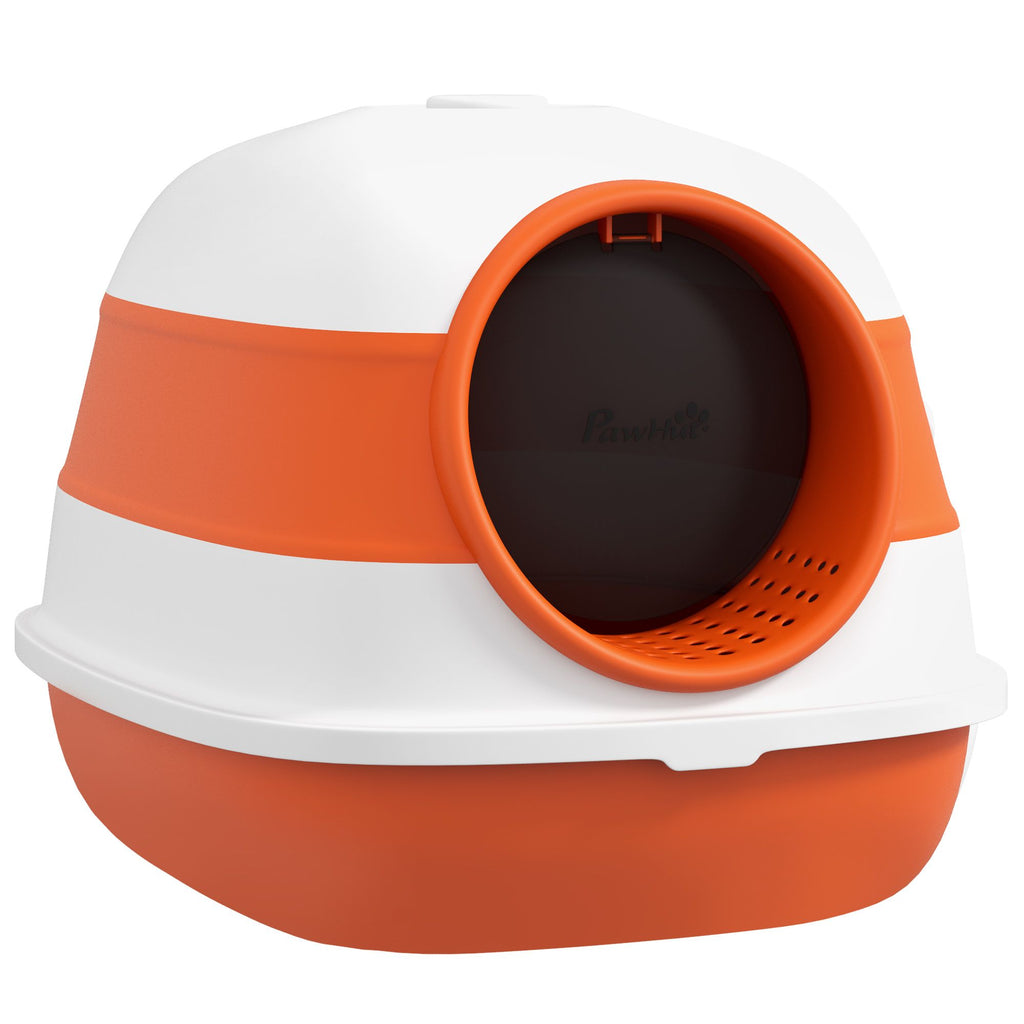 Cat Litter Box with Lid, Covered Litter Box w/High Sides, Two-Way Entrance Kitty Litter Box, Foldable, Easy Clean, White and Orange