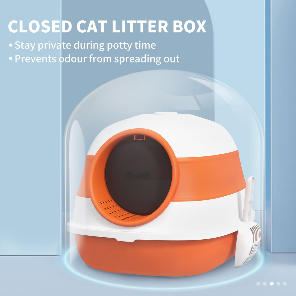 Cat Litter Box with Lid, Covered Litter Box w/High Sides, Two-Way Entrance Kitty Litter Box, Foldable, Easy Clean, White and Orange