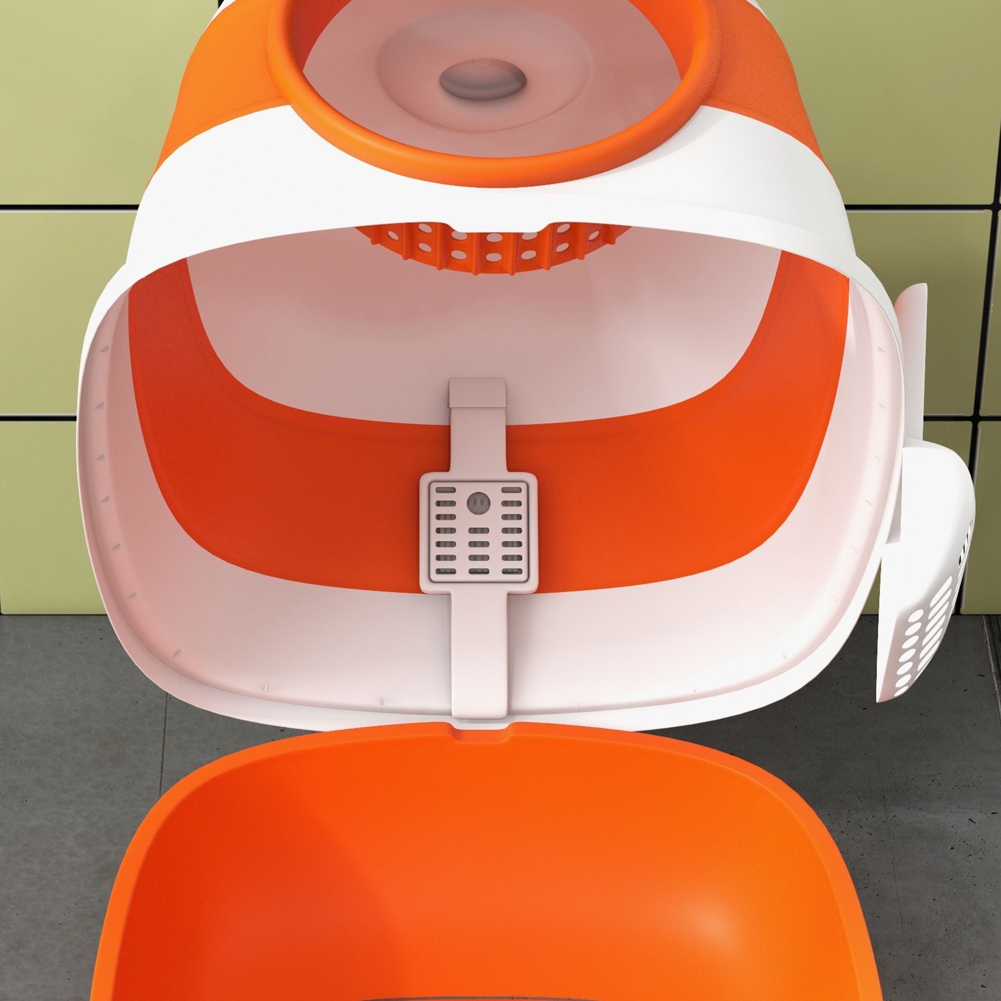 Cat Litter Box with Lid, Covered Litter Box w/High Sides, Two-Way Entrance Kitty Litter Box, Foldable, Easy Clean, White and Orange