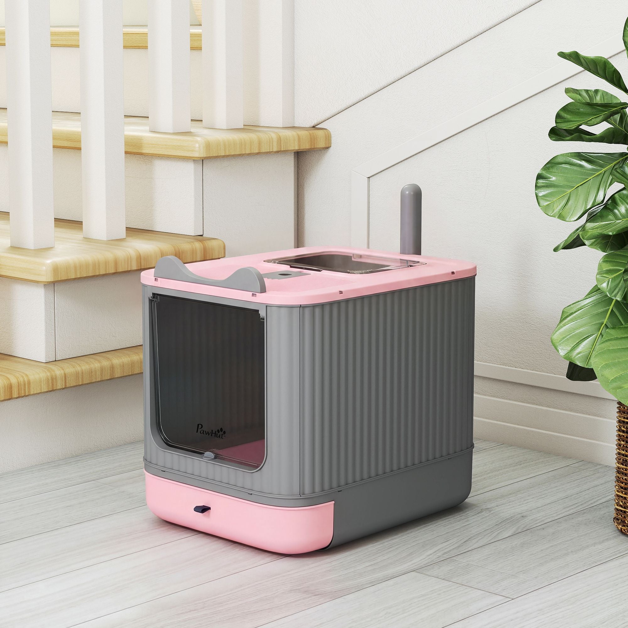Cat Litter Box with Lid, Enclosed Litter Box for Medium Cats, Front-Entry and Top-Exit, Scoop, Deodorizer Bag, Pink