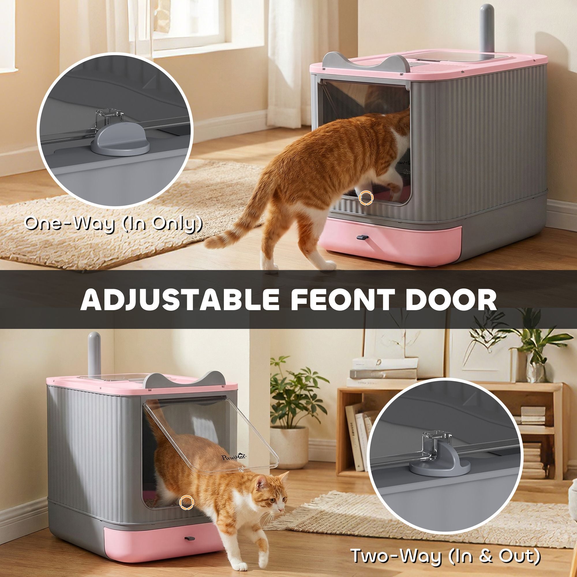 Cat Litter Box with Lid, Enclosed Litter Box for Medium Cats, Front-Entry and Top-Exit, Scoop, Deodorizer Bag, Pink