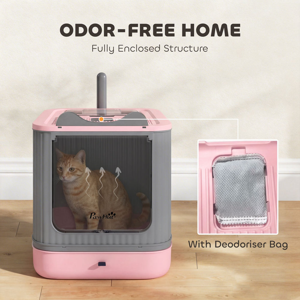 Cat Litter Box with Lid, Enclosed Litter Box for Medium Cats, Front-Entry and Top-Exit, Scoop, Deodorizer Bag, Pink