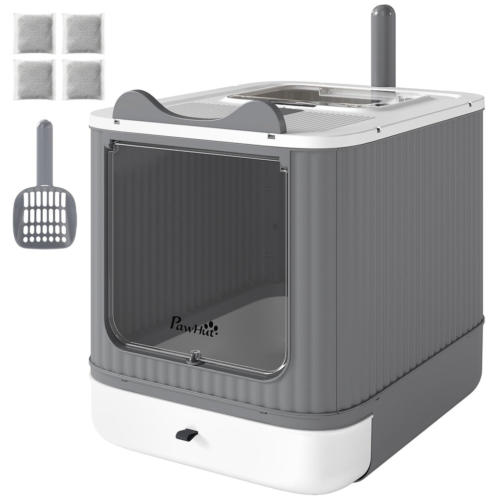 Cat Litter Box with Lid, Enclosed Litter Box for Medium Cats, Front-Entry and Top-Exit, Scoop, Deodorizer Bag, White