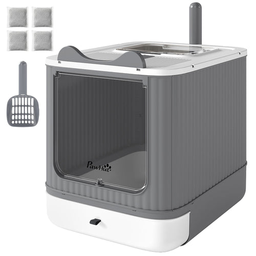 Cat Litter Box with Lid, Enclosed Litter Box for Medium Cats, Front-Entry and Top-Exit, Scoop, Deodorizer Bag, White