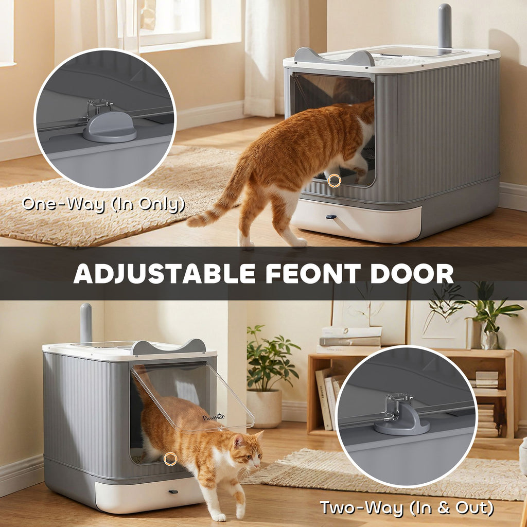 Cat Litter Box with Lid, Enclosed Litter Box for Medium Cats, Front-Entry and Top-Exit, Scoop, Deodorizer Bag, White