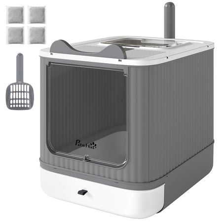 Cat Litter Box with Lid, Enclosed Litter Box for Medium Cats, Front-Entry and Top-Exit, Scoop, Deodorizer Bag, White