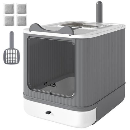 Cat Litter Box with Lid, Enclosed Litter Box for Medium Cats, Front-Entry and Top-Exit, Scoop, Deodorizer Bag, White