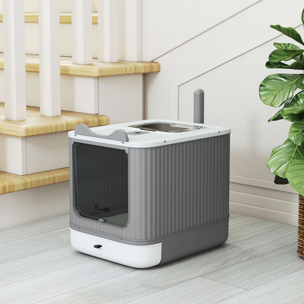 Cat Litter Box with Lid, Enclosed Litter Box for Medium Cats, Front-Entry and Top-Exit, Scoop, Deodorizer Bag, White