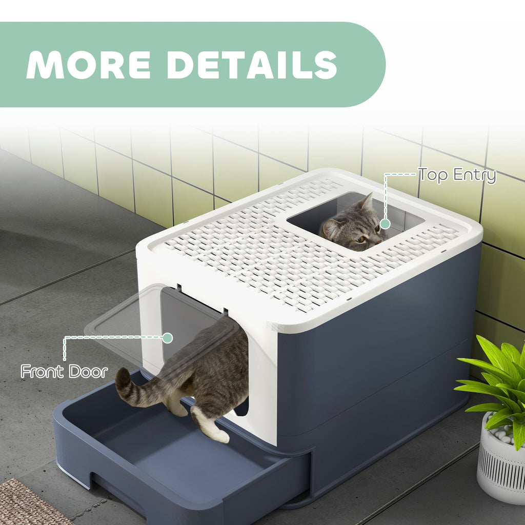 Cat Litter Box with Lid, Scoop, Front Entry, and Top Exit for Large Cats, White