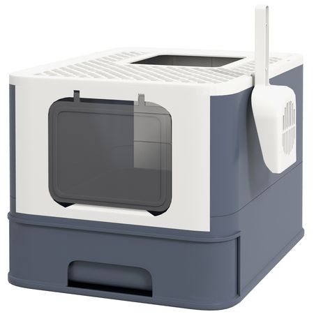 Cat Litter Box with Lid, Scoop, Front Entry, and Top Exit for Large Cats, White