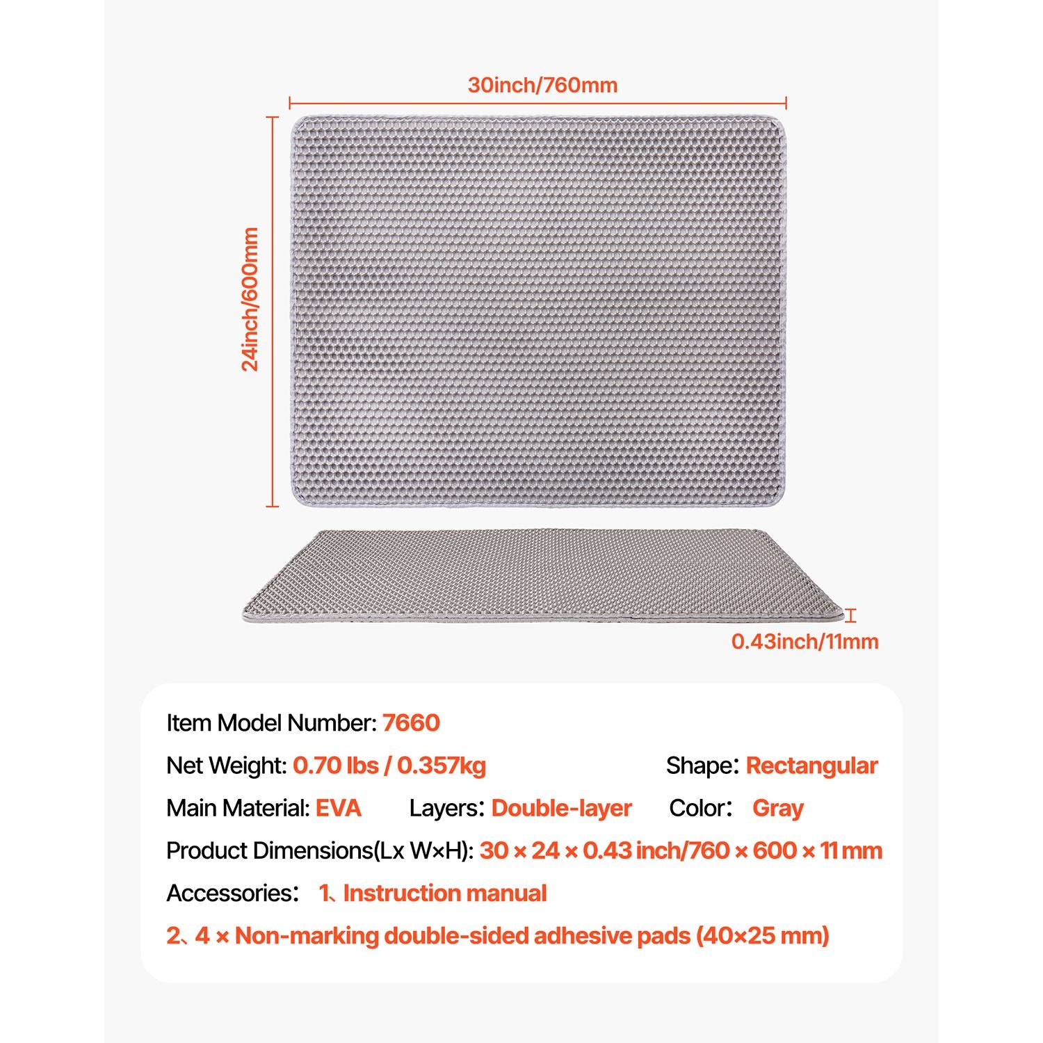 Cat Litter Mat, 30 x 24 in, Double-Layer Litter Box Mat, Non-Slip & Urine-Proof Litter-Trapping Mats for Indoor Cats, Honeycomb Design, Soft on Paws, Washable Large Kitty Mats for Floor