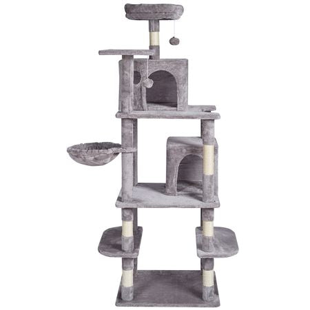 Cat Tree for Indoor Cats, 68.5" Cat Tower with 2 Cat Condos, Sisal Scratching Post, Hammock, Top Perch, Jumping Platforms, Large Cat Furniture Activity Center with Hang Ball, Light Grey