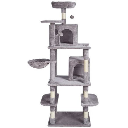 Cat Tree for Indoor Cats, 68.5" Cat Tower with 2 Cat Condos, Sisal Scratching Post, Hammock, Top Perch, Jumping Platforms, Large Cat Furniture Activity Center with Hang Ball, Light Grey