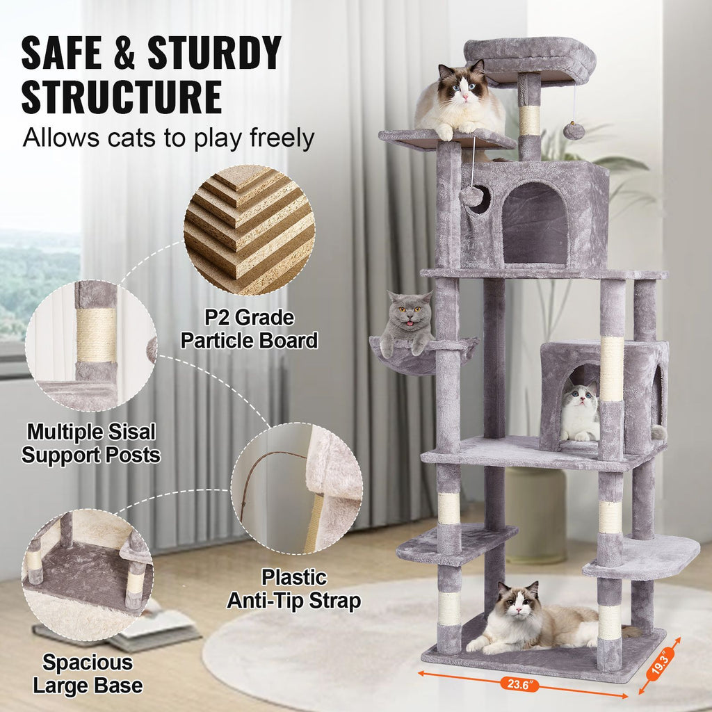 Cat Tree for Indoor Cats, 68.5" Cat Tower with 2 Cat Condos, Sisal Scratching Post, Hammock, Top Perch, Jumping Platforms, Large Cat Furniture Activity Center with Hang Ball, Light Grey