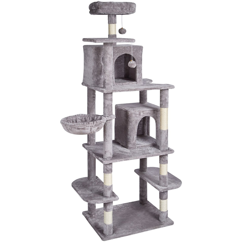 Cat Tree for Indoor Cats, 68.5" Cat Tower with 2 Cat Condos, Sisal Scratching Post, Hammock, Top Perch, Jumping Platforms, Large Cat Furniture Activity Center with Hang Ball, Light Grey