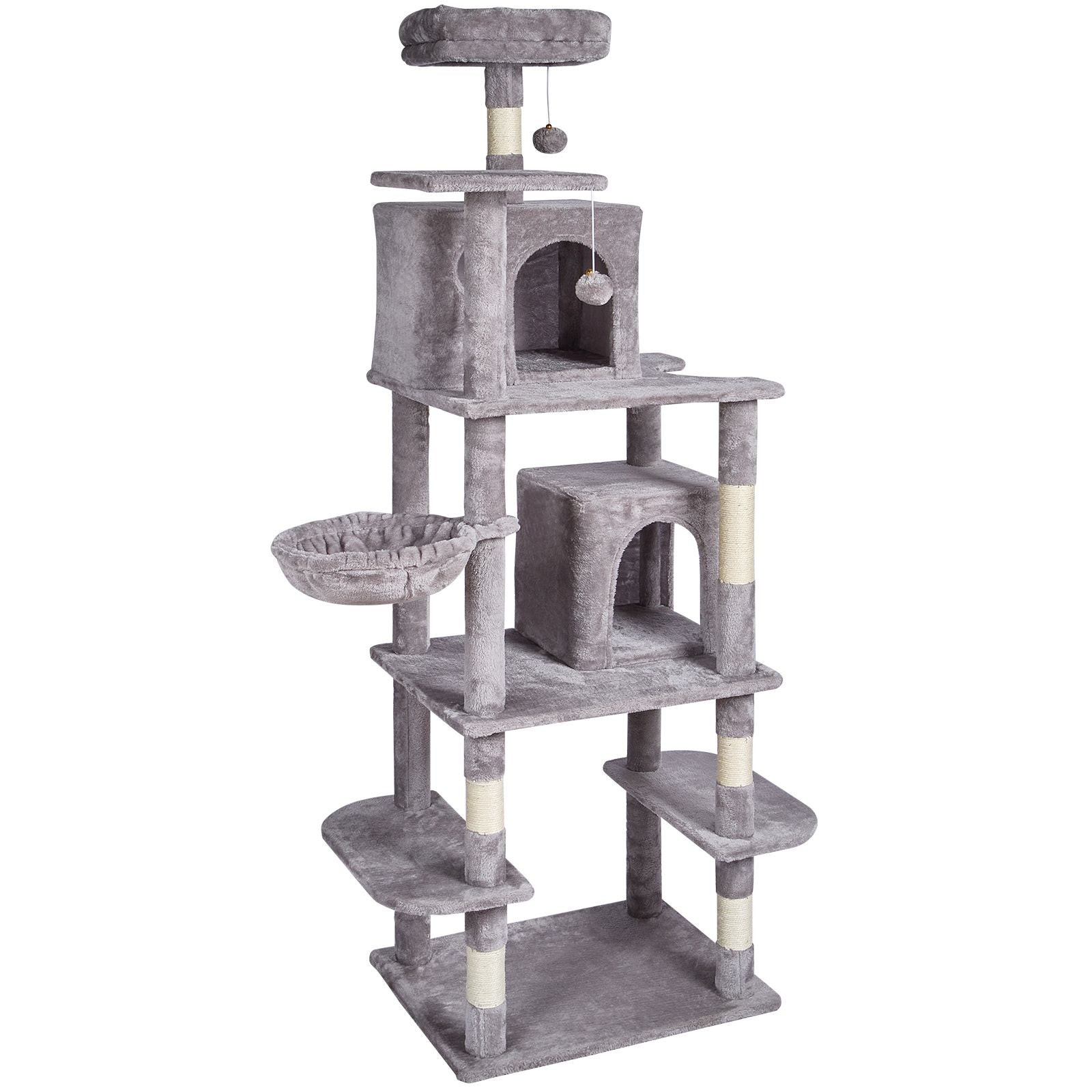 Cat Tree for Indoor Cats, 68.5" Cat Tower with 2 Cat Condos, Sisal Scratching Post, Hammock, Top Perch, Jumping Platforms, Large Cat Furniture Activity Center with Hang Ball, Light Grey