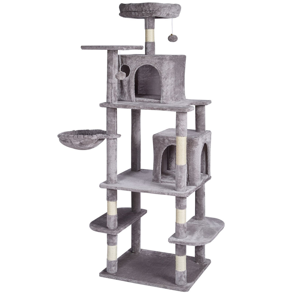 Cat Tree for Indoor Cats, 68.5" Cat Tower with 2 Cat Condos, Sisal Scratching Post, Hammock, Top Perch, Jumping Platforms, Large Cat Furniture Activity Center with Hang Ball, Light Grey