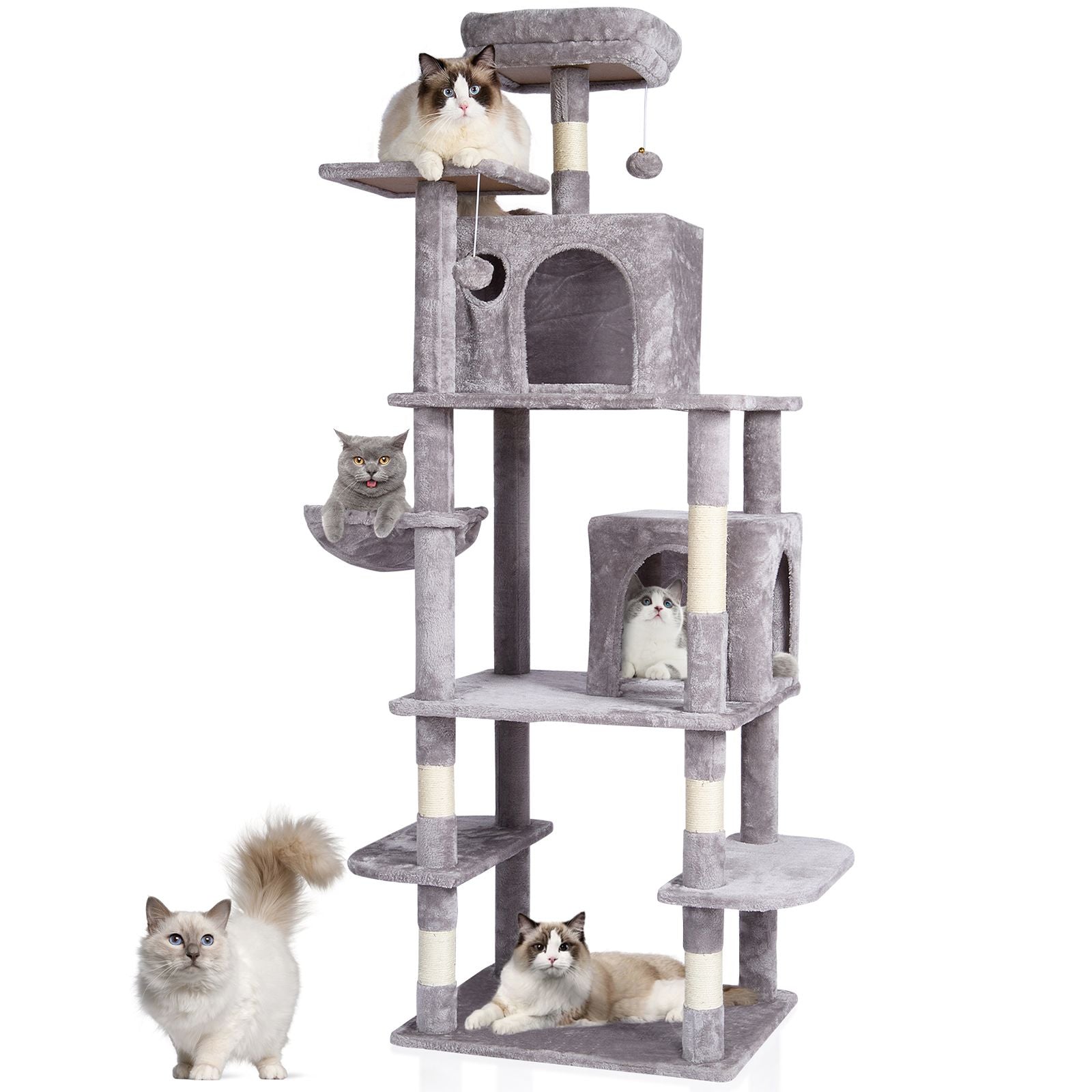 Cat Tree for Indoor Cats, 68.5" Cat Tower with 2 Cat Condos, Sisal Scratching Post, Hammock, Top Perch, Jumping Platforms, Large Cat Furniture Activity Center with Hang Ball, Light Grey