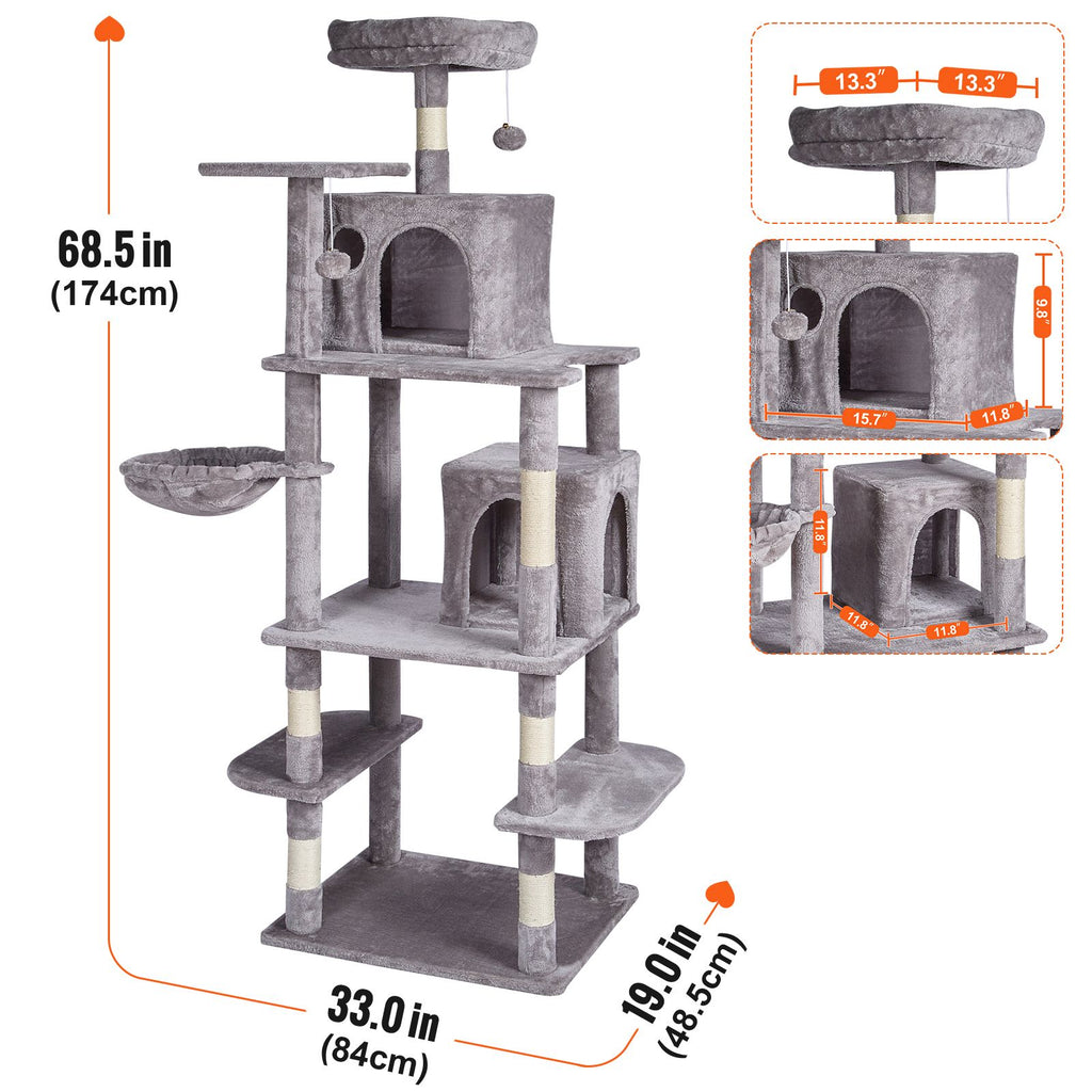 Cat Tree for Indoor Cats, 68.5" Cat Tower with 2 Cat Condos, Sisal Scratching Post, Hammock, Top Perch, Jumping Platforms, Large Cat Furniture Activity Center with Hang Ball, Light Grey