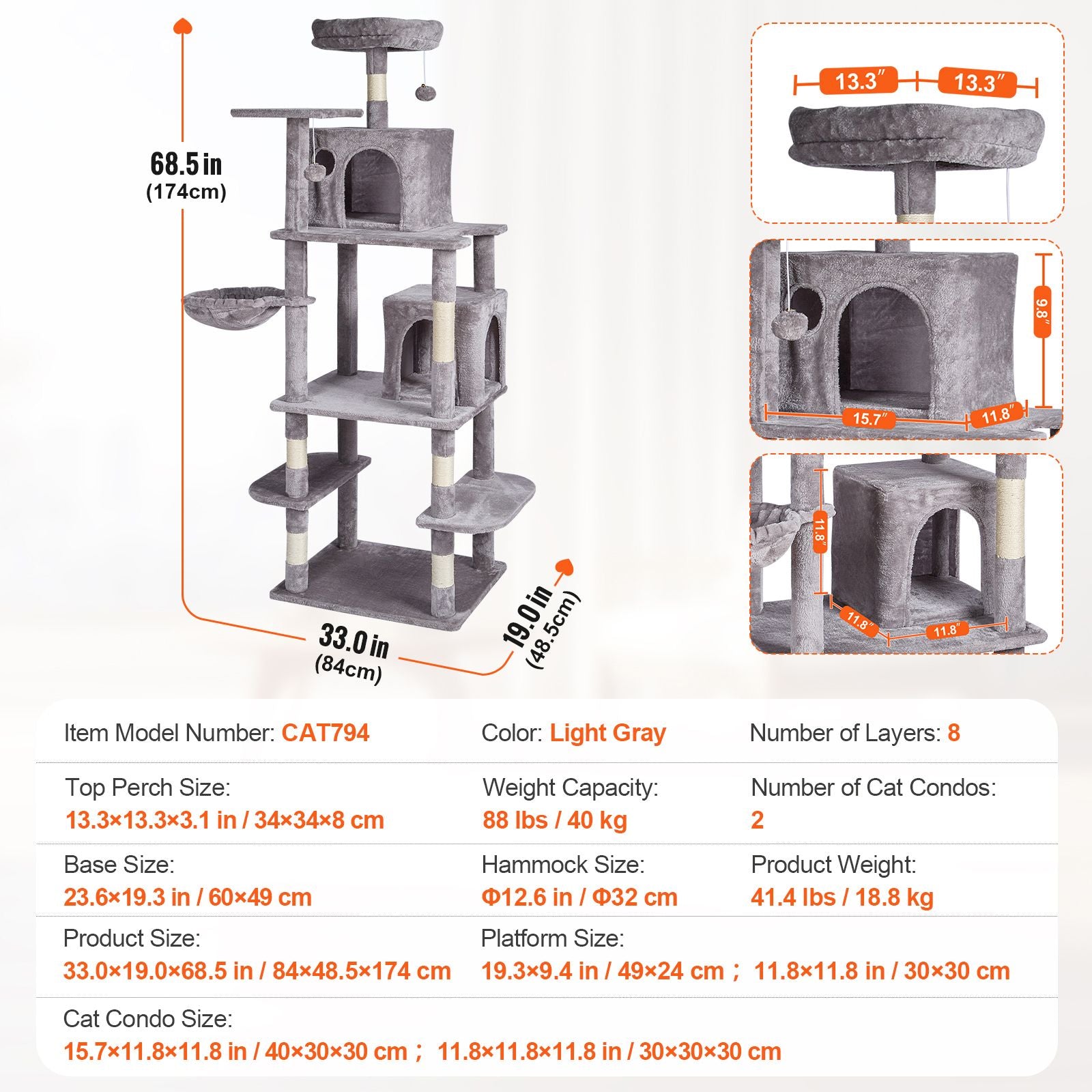 Cat Tree for Indoor Cats, 68.5" Cat Tower with 2 Cat Condos, Sisal Scratching Post, Hammock, Top Perch, Jumping Platforms, Large Cat Furniture Activity Center with Hang Ball, Light Grey