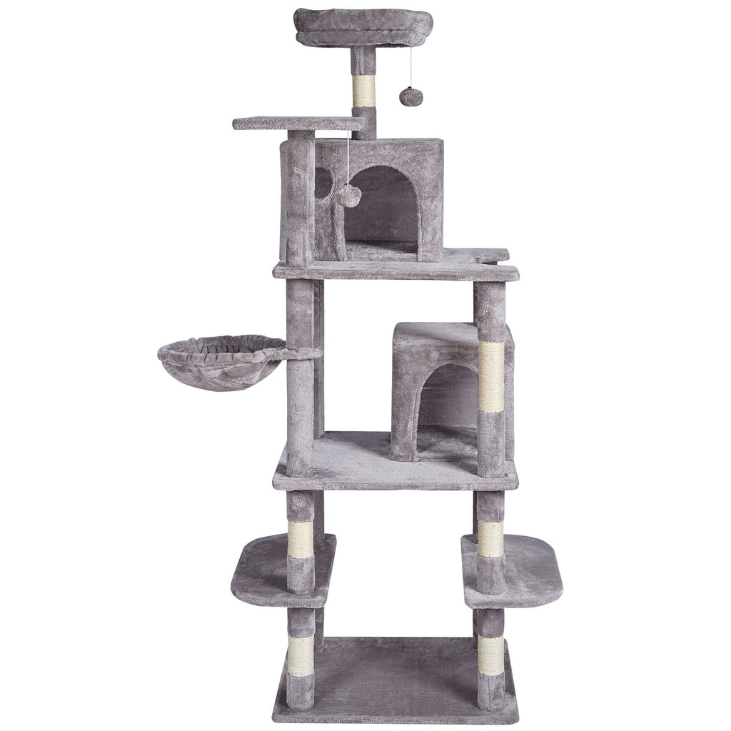 Cat Tree for Indoor Cats, 68.5" Cat Tower with 2 Cat Condos, Sisal Scratching Post, Hammock, Top Perch, Jumping Platforms, Large Cat Furniture Activity Center with Hang Ball, Light Grey