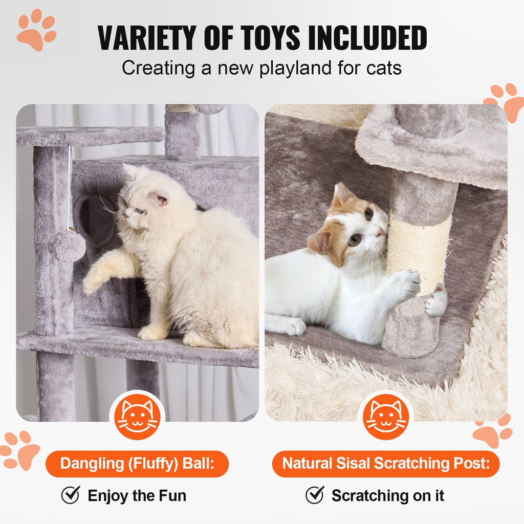 Cat Tree for Indoor Cats, 68.5" Cat Tower with 2 Cat Condos, Sisal Scratching Post, Hammock, Top Perch, Jumping Platforms, Large Cat Furniture Activity Center with Hang Ball, Light Grey