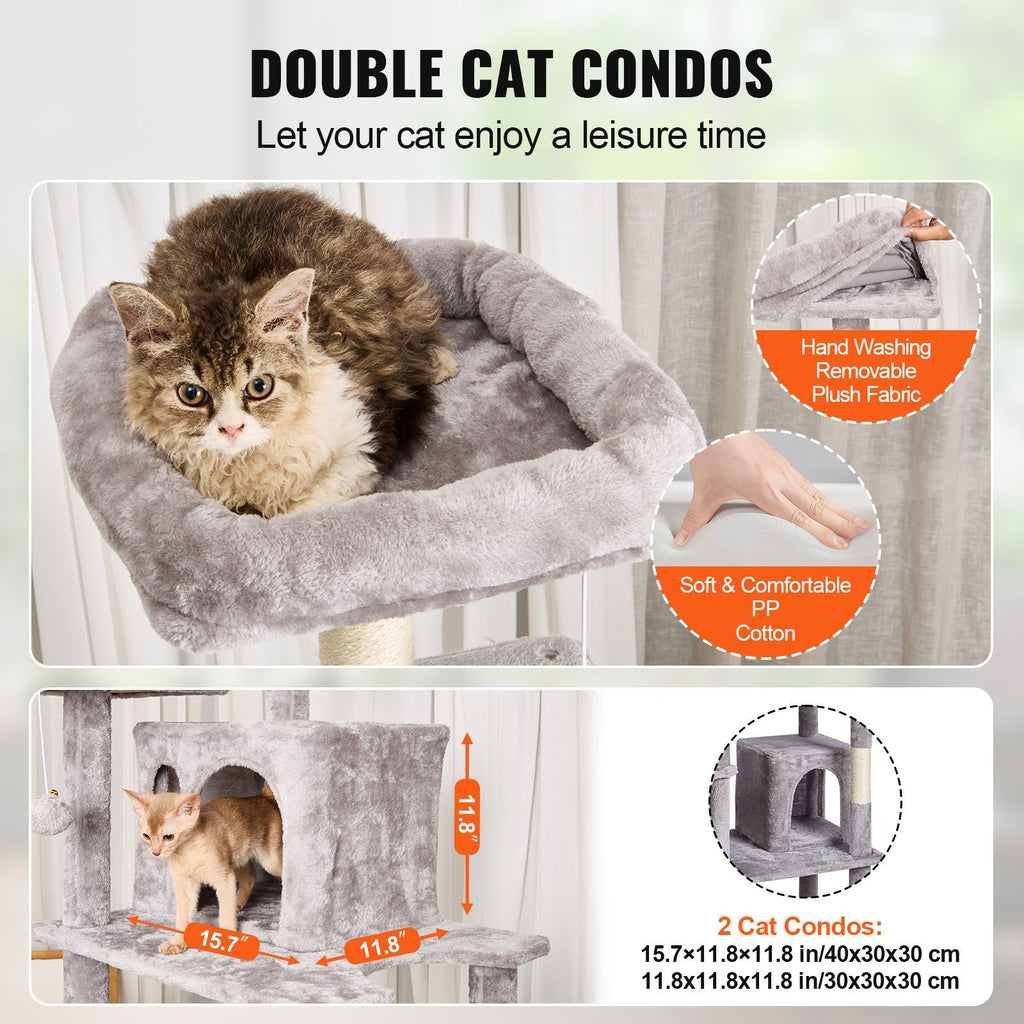 Cat Tree for Indoor Cats, 68.5" Cat Tower with 2 Cat Condos, Sisal Scratching Post, Hammock, Top Perch, Jumping Platforms, Large Cat Furniture Activity Center with Hang Ball, Light Grey