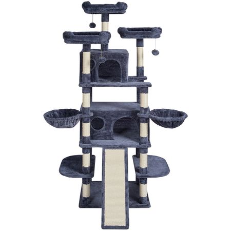 Cat Tree for Indoor Cats, 68.5" Cat Tower with 2 Cat Condos, Sisal Scratching Post, Hammocks, Top Perches, Jumping Platforms and Ramp, Cat Furniture Activity Center with Hang Balls, Dark Grey