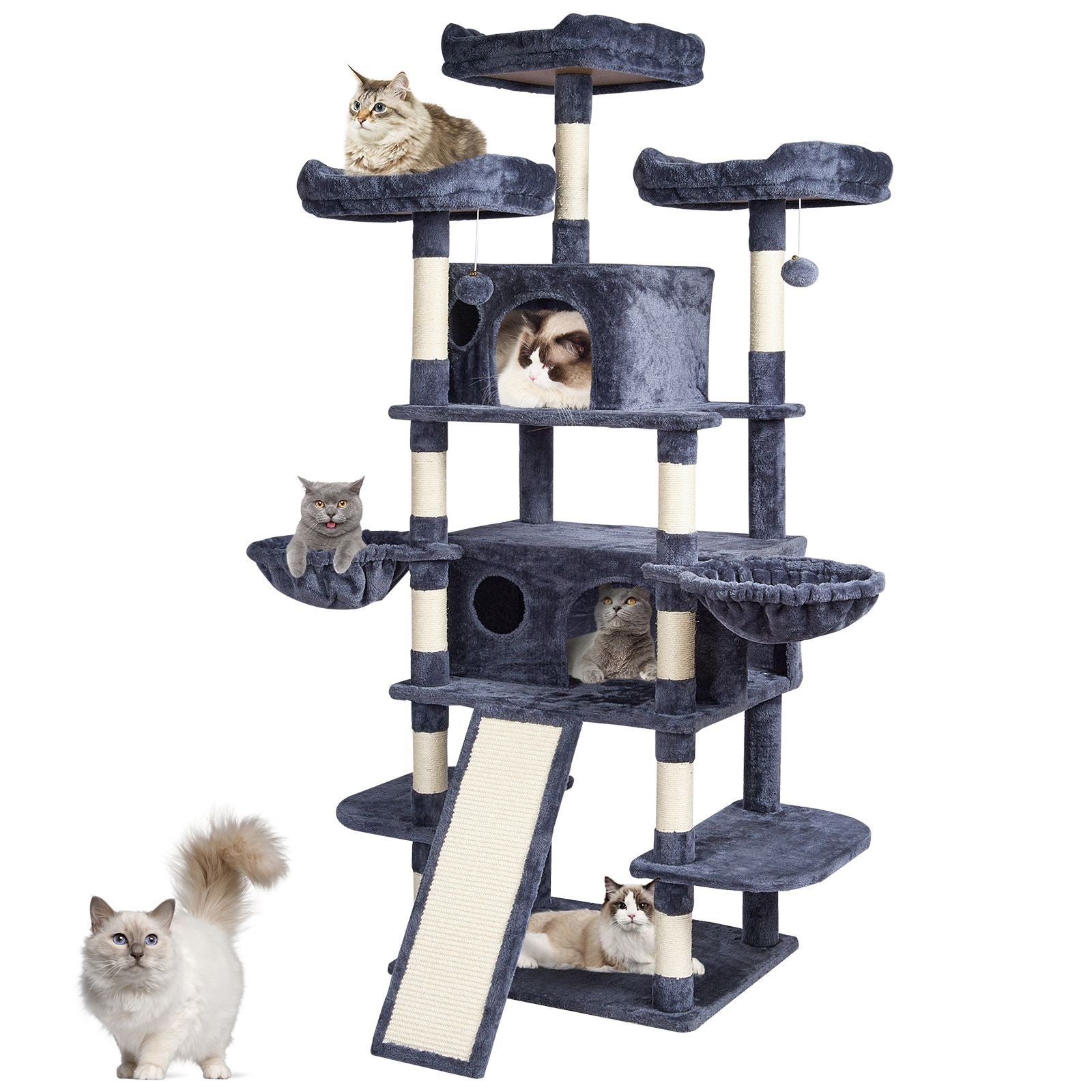 Cat Tree for Indoor Cats, 68.5" Cat Tower with 2 Cat Condos, Sisal Scratching Post, Hammocks, Top Perches, Jumping Platforms and Ramp, Cat Furniture Activity Center with Hang Balls, Dark Grey