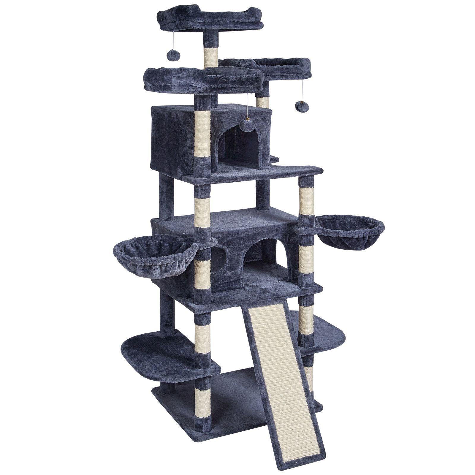 Cat Tree for Indoor Cats, 68.5" Cat Tower with 2 Cat Condos, Sisal Scratching Post, Hammocks, Top Perches, Jumping Platforms and Ramp, Cat Furniture Activity Center with Hang Balls, Dark Grey