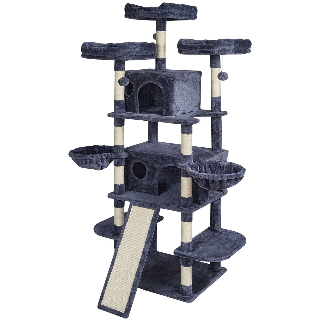 Cat Tree for Indoor Cats, 68.5" Cat Tower with 2 Cat Condos, Sisal Scratching Post, Hammocks, Top Perches, Jumping Platforms and Ramp, Cat Furniture Activity Center with Hang Balls, Dark Grey