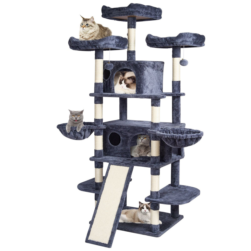 Cat Tree for Indoor Cats, 68.5" Cat Tower with 2 Cat Condos, Sisal Scratching Post, Hammocks, Top Perches, Jumping Platforms and Ramp, Cat Furniture Activity Center with Hang Balls, Dark Grey