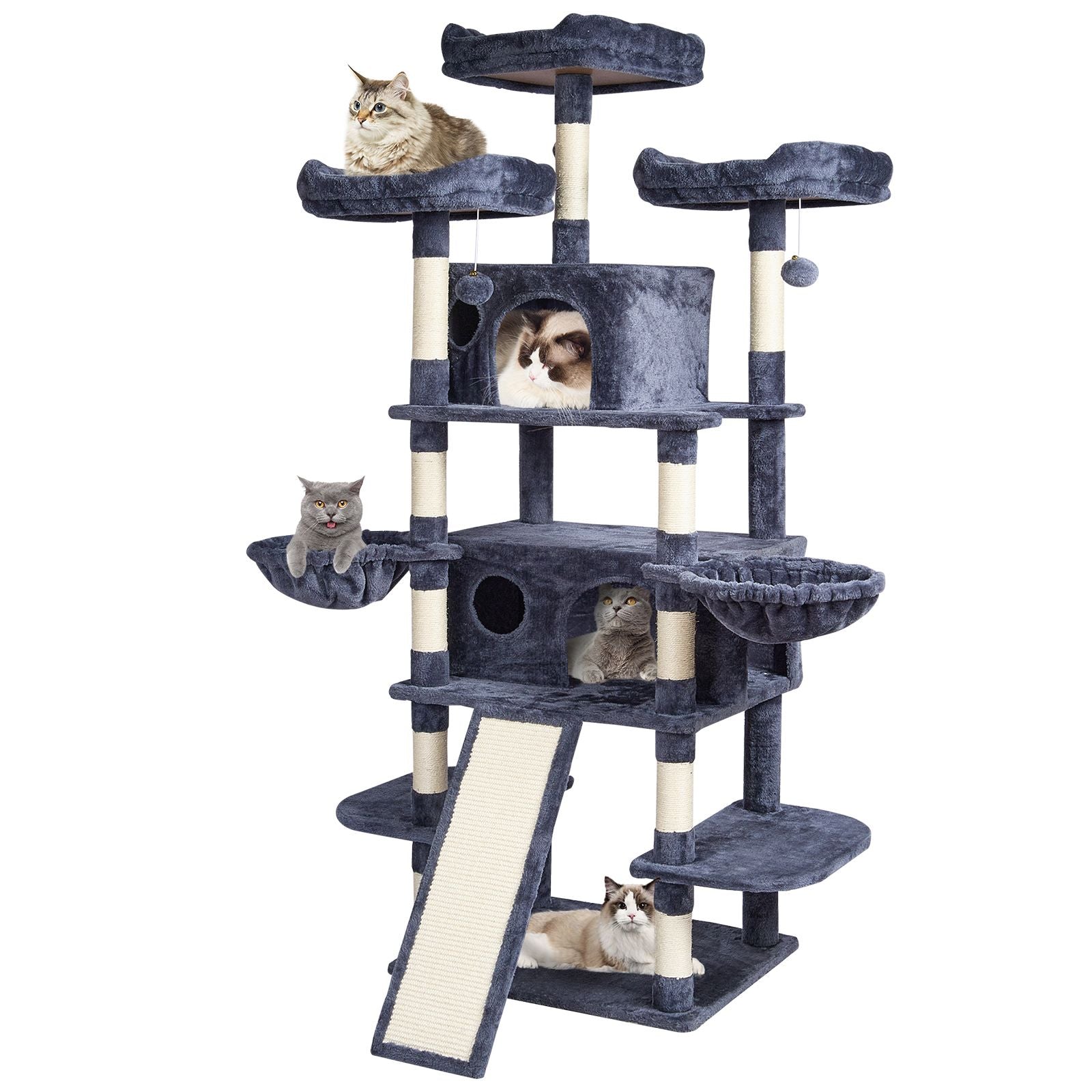 Cat Tree for Indoor Cats, 68.5" Cat Tower with 2 Cat Condos, Sisal Scratching Post, Hammocks, Top Perches, Jumping Platforms and Ramp, Cat Furniture Activity Center with Hang Balls, Dark Grey