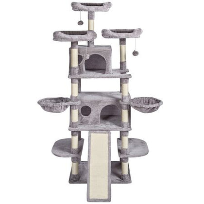 Cat Tree for Indoor Cats, 68.5" Cat Tower with 2 Cat Condos, Sisal Scratching Post, Hammocks, Top Perches, Jumping Platforms and Ramp, Cat Furniture Activity Center with Hang Balls, Light Grey