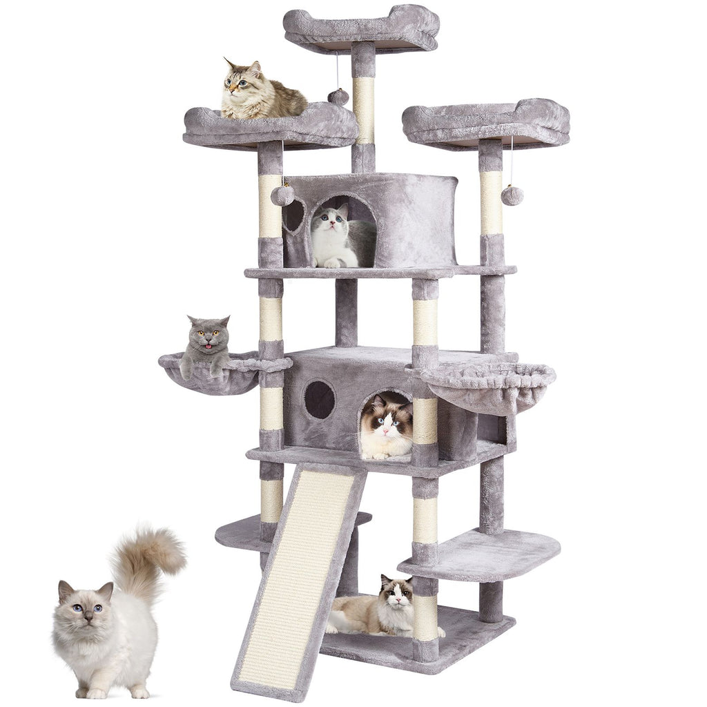Cat Tree for Indoor Cats, 68.5" Cat Tower with 2 Cat Condos, Sisal Scratching Post, Hammocks, Top Perches, Jumping Platforms and Ramp, Cat Furniture Activity Center with Hang Balls, Light Grey