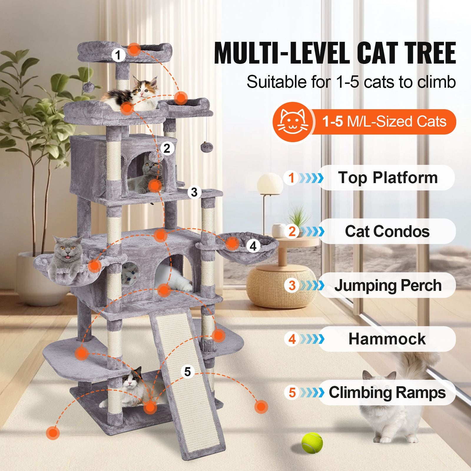 Cat Tree for Indoor Cats, 68.5" Cat Tower with 2 Cat Condos, Sisal Scratching Post, Hammocks, Top Perches, Jumping Platforms and Ramp, Cat Furniture Activity Center with Hang Balls, Light Grey