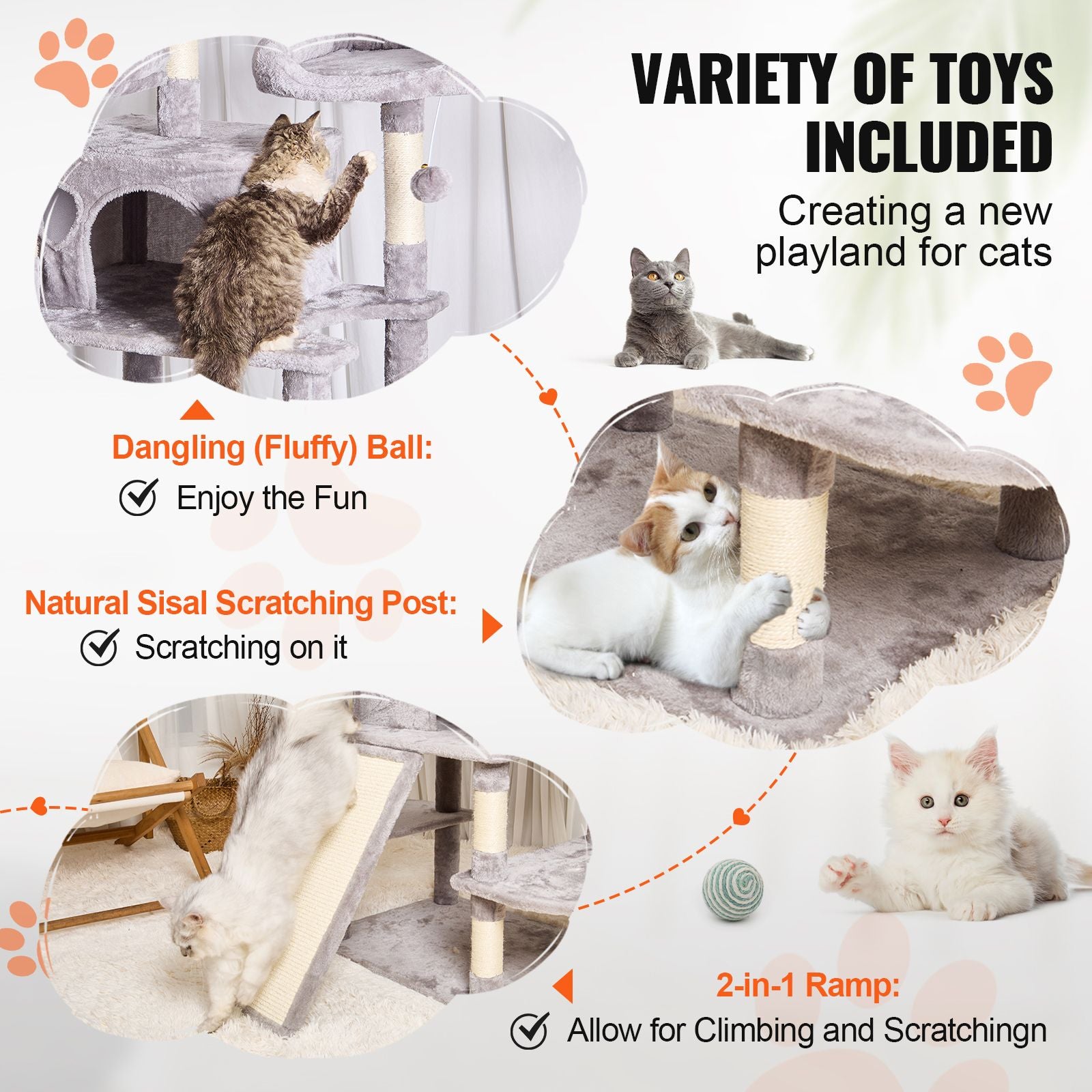 Cat Tree for Indoor Cats, 68.5" Cat Tower with 2 Cat Condos, Sisal Scratching Post, Hammocks, Top Perches, Jumping Platforms and Ramp, Cat Furniture Activity Center with Hang Balls, Light Grey