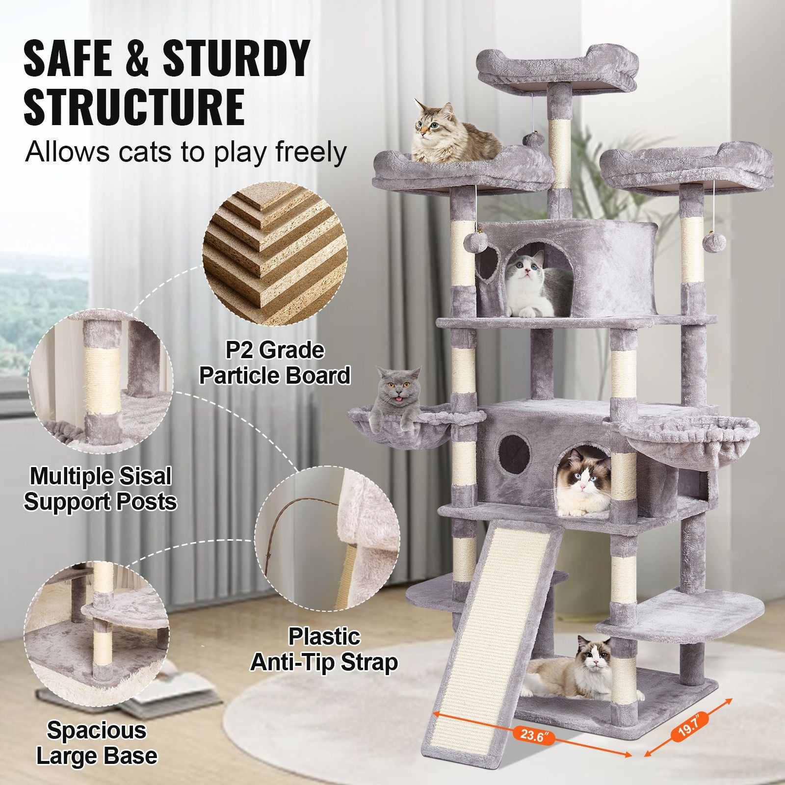 Cat Tree for Indoor Cats, 68.5" Cat Tower with 2 Cat Condos, Sisal Scratching Post, Hammocks, Top Perches, Jumping Platforms and Ramp, Cat Furniture Activity Center with Hang Balls, Light Grey