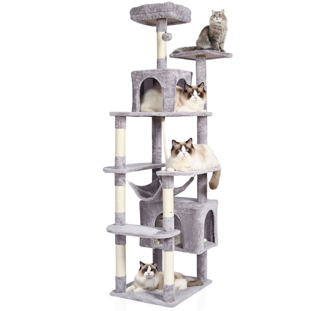 Cat Tree for Indoor Cats, 72" Cat Tower with 2 Cat Condos, Sisal Scratching Post, Hammock, Top Perch, Jumping Platforms, Large Cat Furniture Activity Center with Hang Ball, Light Grey