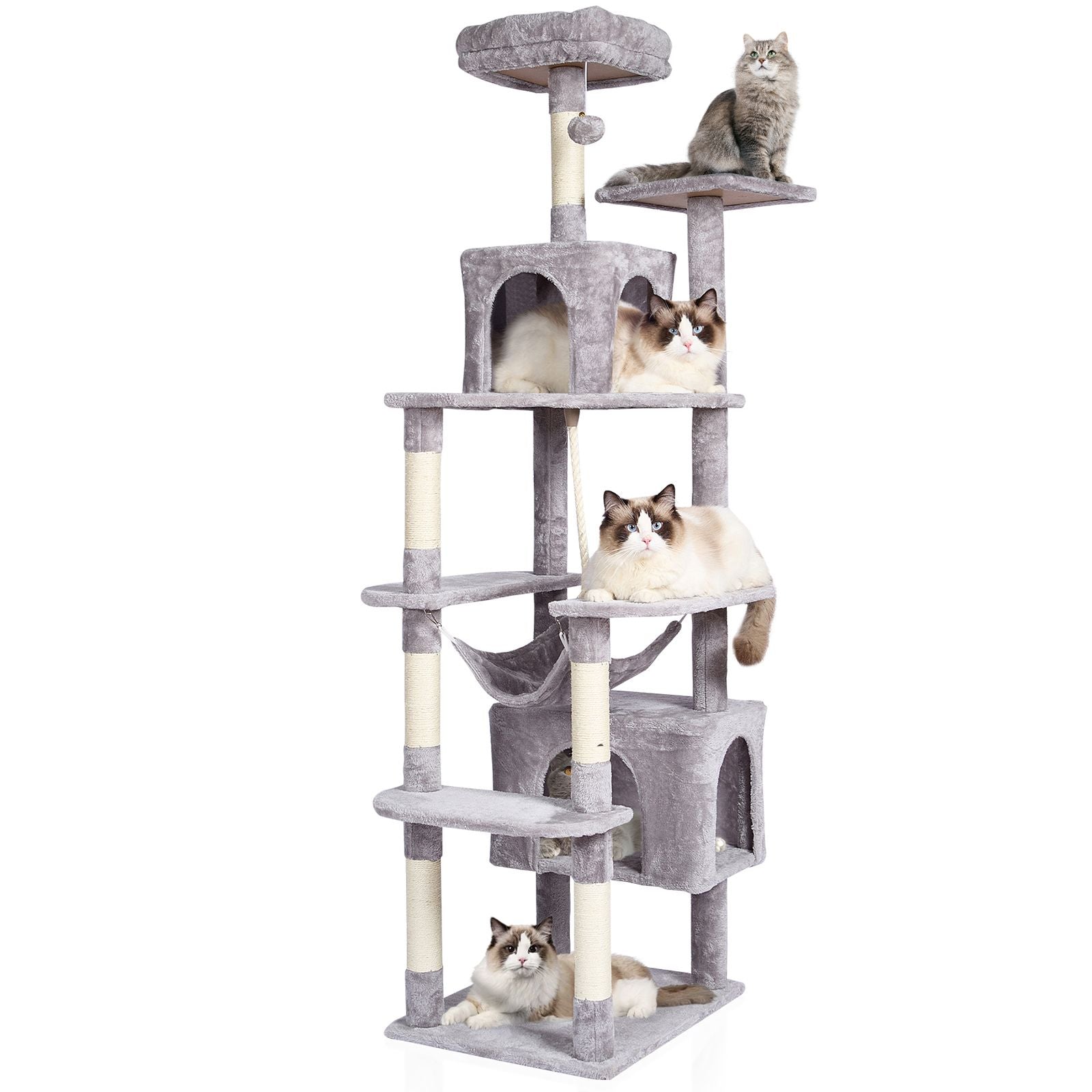Cat Tree for Indoor Cats, 72" Cat Tower with 2 Cat Condos, Sisal Scratching Post, Hammock, Top Perch, Jumping Platforms, Large Cat Furniture Activity Center with Hang Ball, Light Grey