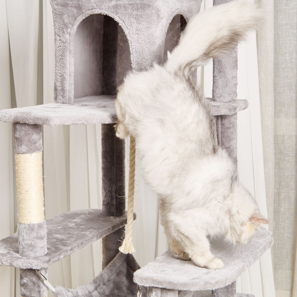 Cat Tree for Indoor Cats, 72" Cat Tower with 2 Cat Condos, Sisal Scratching Post, Hammock, Top Perch, Jumping Platforms, Large Cat Furniture Activity Center with Hang Ball, Light Grey