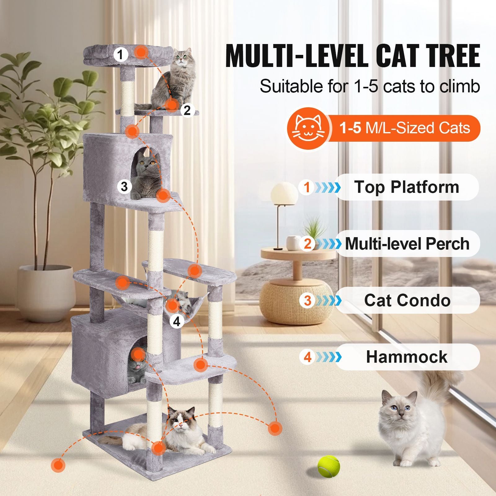 Cat Tree for Indoor Cats, 72" Cat Tower with 2 Cat Condos, Sisal Scratching Post, Hammock, Top Perch, Jumping Platforms, Large Cat Furniture Activity Center with Hang Ball, Light Grey