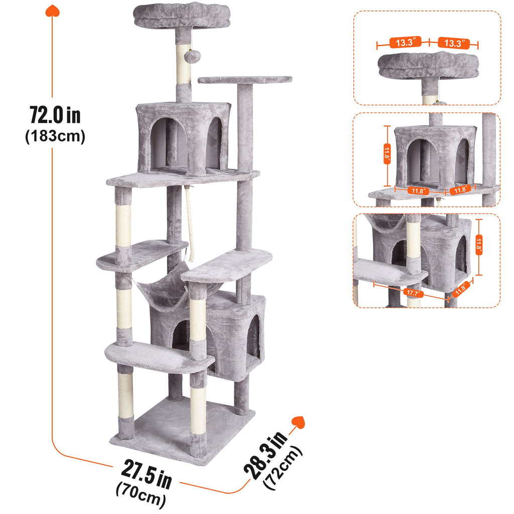 Cat Tree for Indoor Cats, 72" Cat Tower with 2 Cat Condos, Sisal Scratching Post, Hammock, Top Perch, Jumping Platforms, Large Cat Furniture Activity Center with Hang Ball, Light Grey