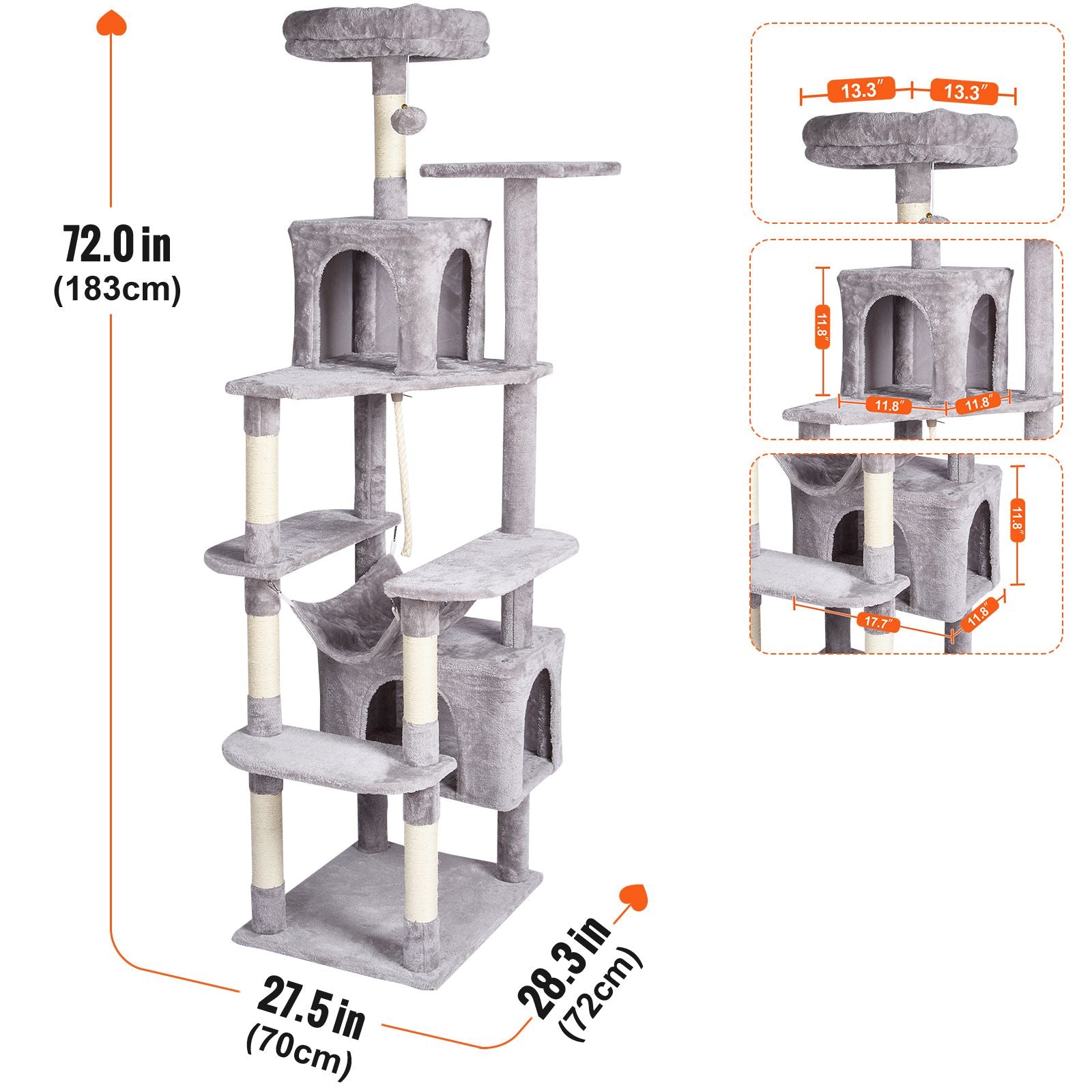 Cat Tree for Indoor Cats, 72" Cat Tower with 2 Cat Condos, Sisal Scratching Post, Hammock, Top Perch, Jumping Platforms, Large Cat Furniture Activity Center with Hang Ball, Light Grey