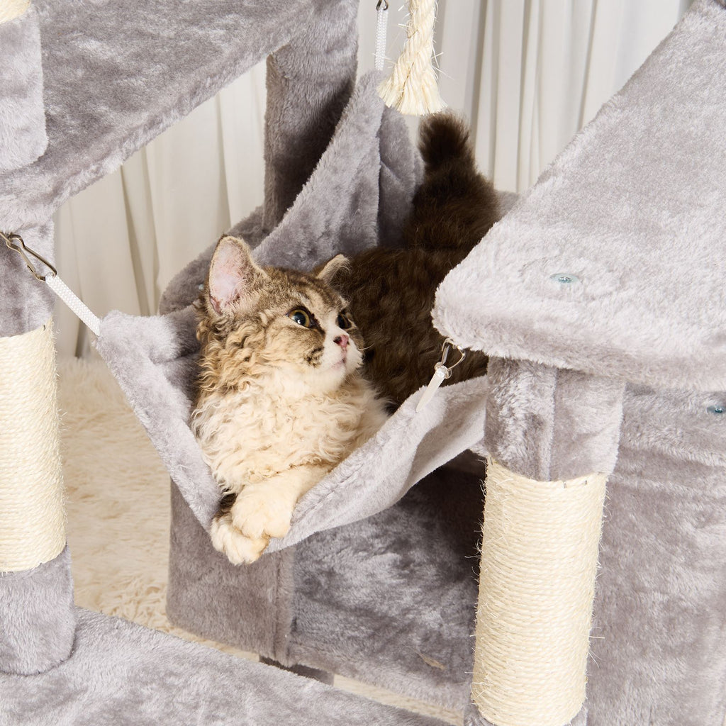 Cat Tree for Indoor Cats, 72" Cat Tower with 2 Cat Condos, Sisal Scratching Post, Hammock, Top Perch, Jumping Platforms, Large Cat Furniture Activity Center with Hang Ball, Light Grey