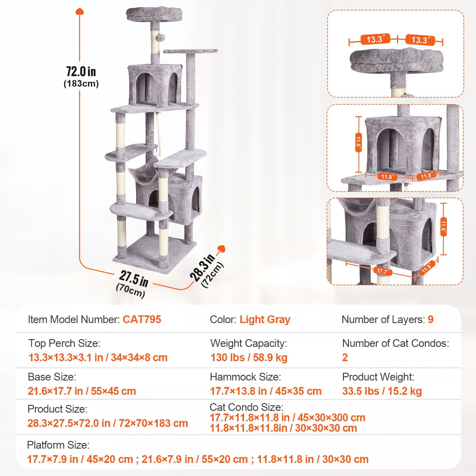 Cat Tree for Indoor Cats, 72" Cat Tower with 2 Cat Condos, Sisal Scratching Post, Hammock, Top Perch, Jumping Platforms, Large Cat Furniture Activity Center with Hang Ball, Light Grey