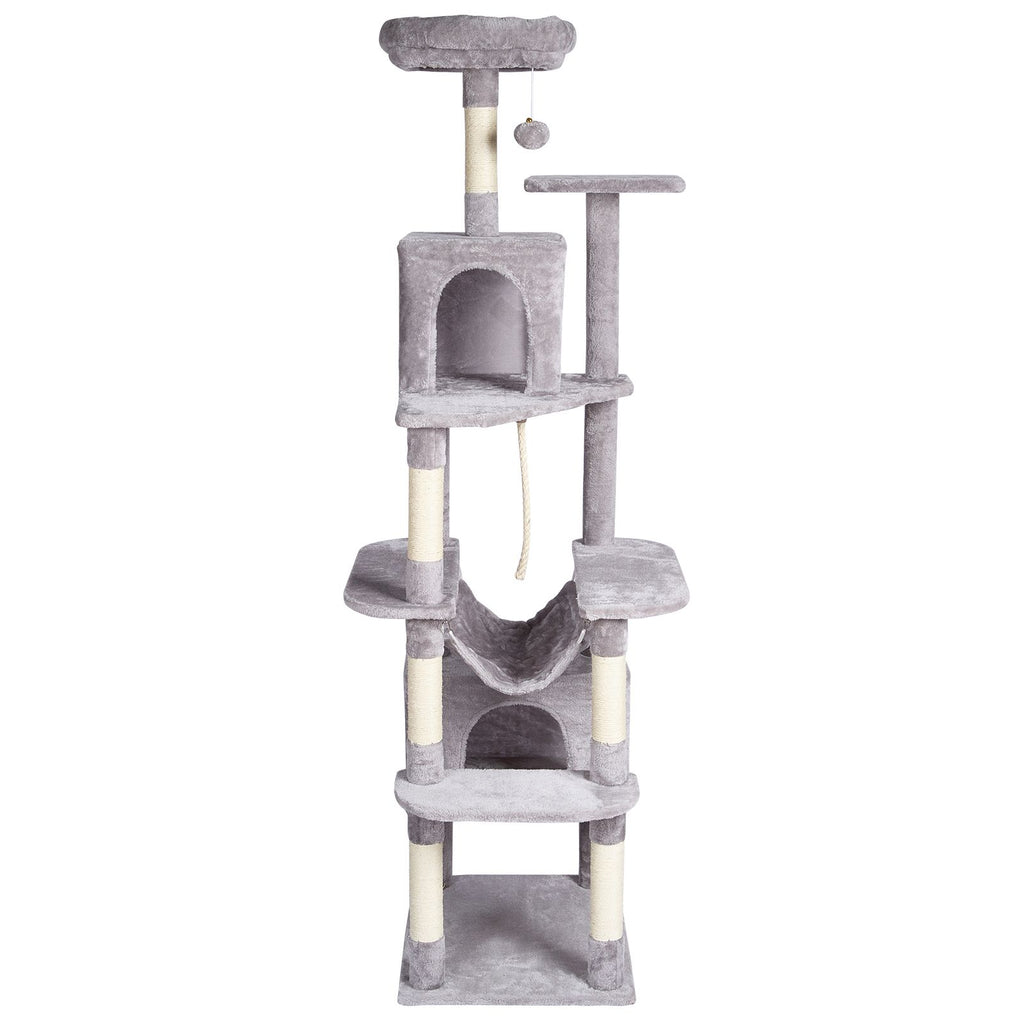 Cat Tree for Indoor Cats, 72" Cat Tower with 2 Cat Condos, Sisal Scratching Post, Hammock, Top Perch, Jumping Platforms, Large Cat Furniture Activity Center with Hang Ball, Light Grey