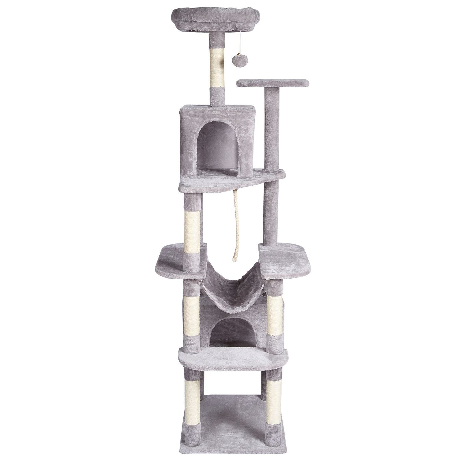 Cat Tree for Indoor Cats, 72" Cat Tower with 2 Cat Condos, Sisal Scratching Post, Hammock, Top Perch, Jumping Platforms, Large Cat Furniture Activity Center with Hang Ball, Light Grey