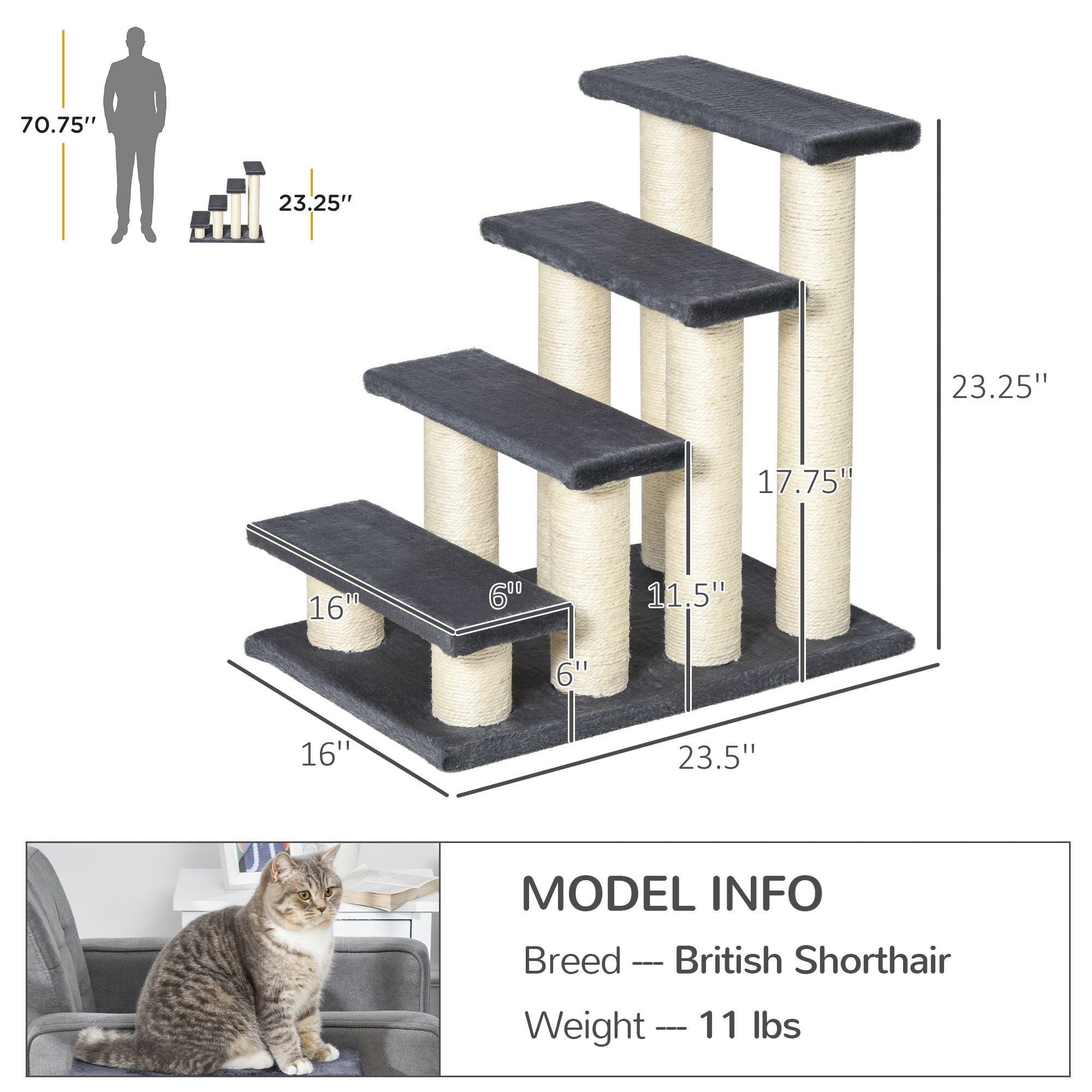 Stair-Shaped Cat Tree with Soft Plush Steps & Sisal Scratching Post
