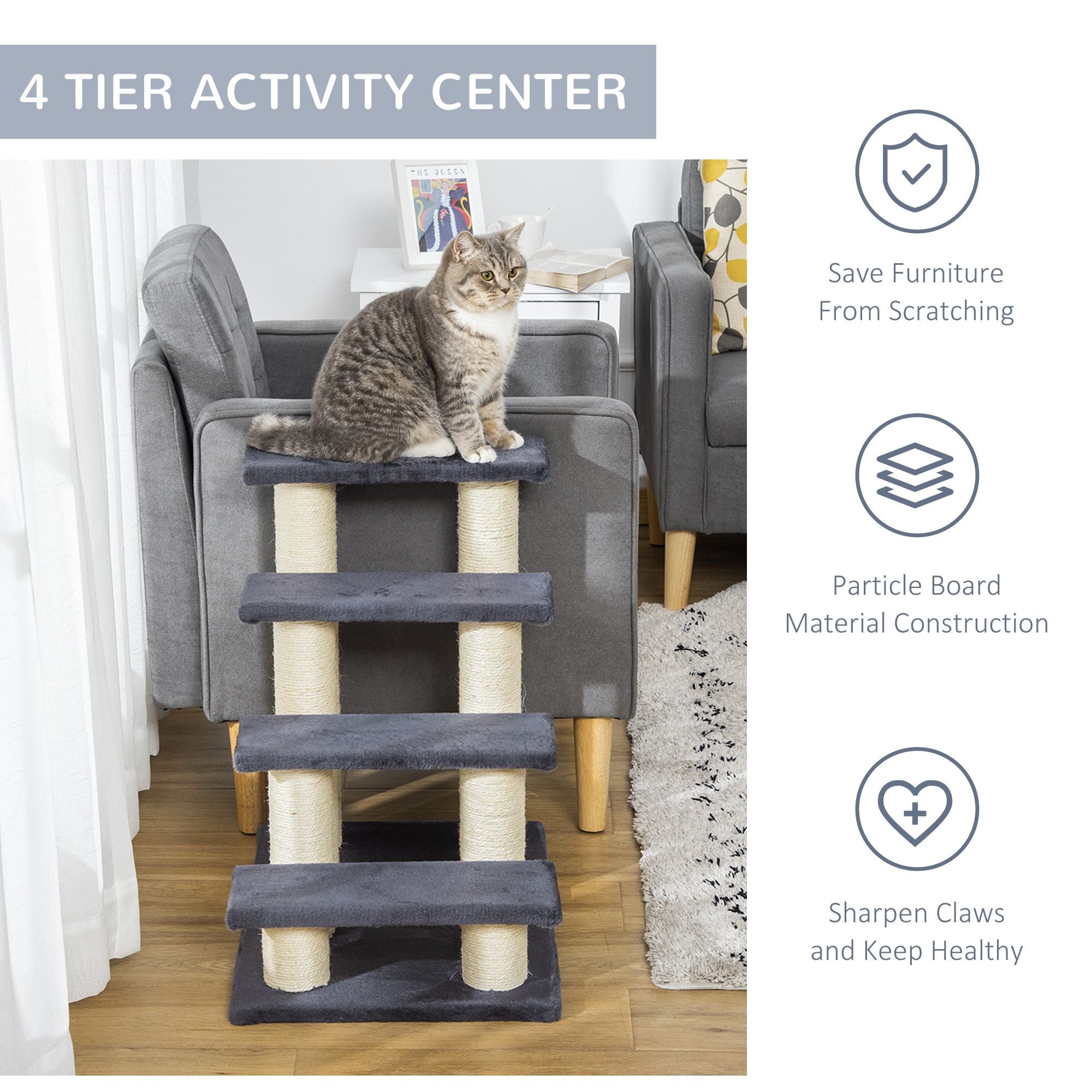 Stair-Shaped Cat Tree with Soft Plush Steps & Sisal Scratching Post